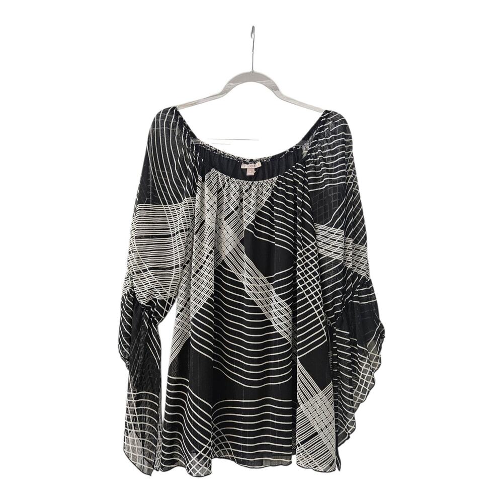 Roz & Ali Womens XL Blouse Black White Sheer Overlay Falre Sleeve Elastic Neck